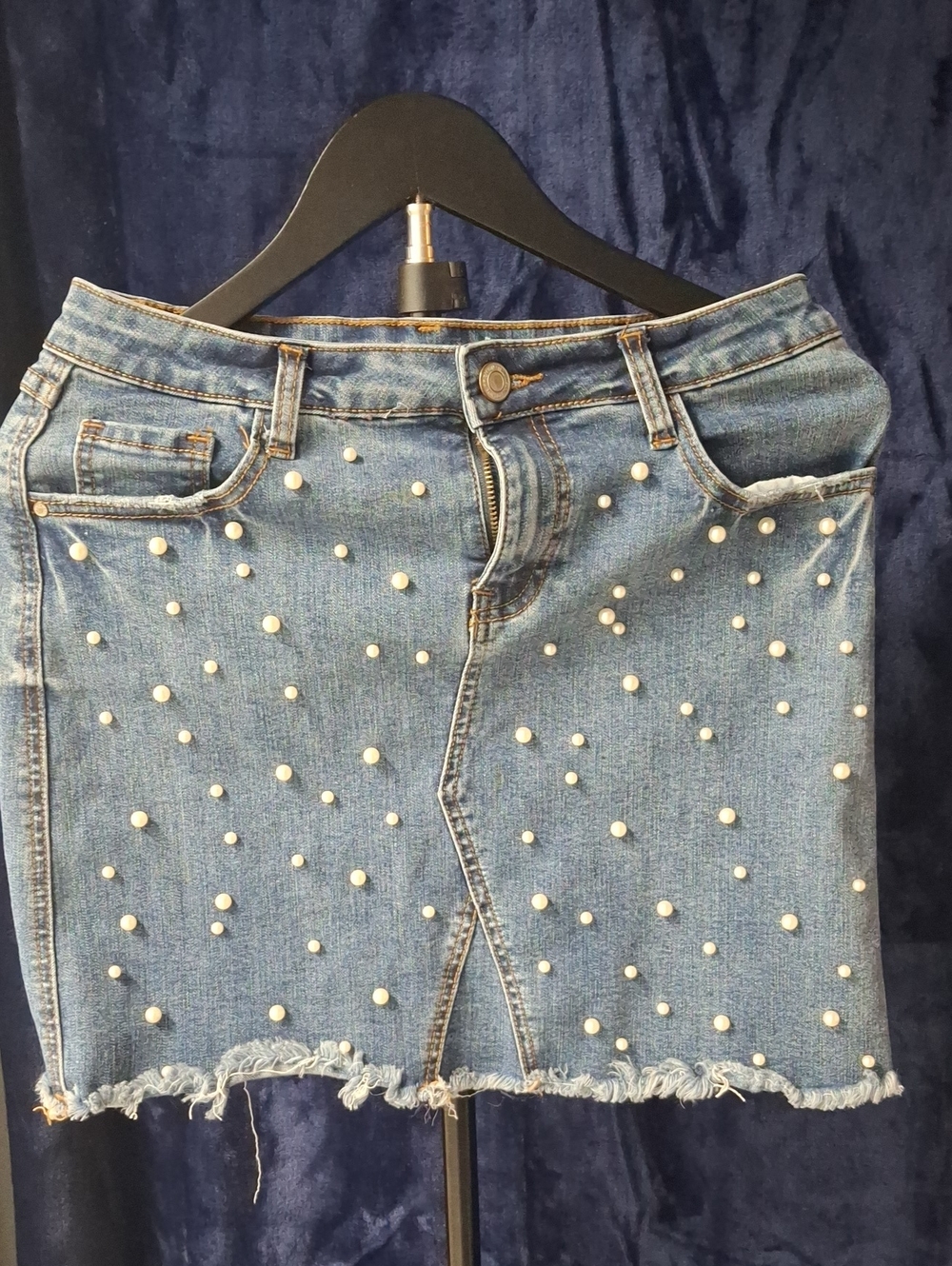 Pearl-Embellished Light Blue Denim Mini Skirt